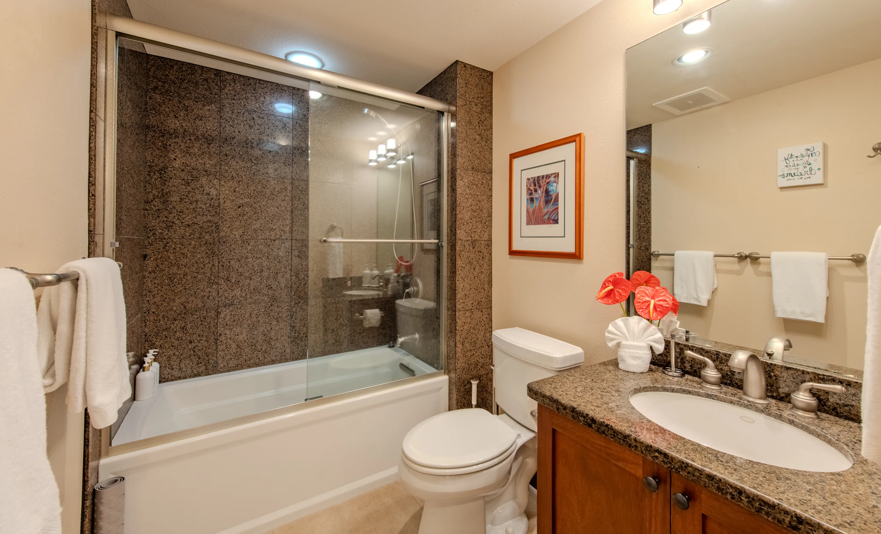 Bathroom with a bathtub and shower combination and granite vanity