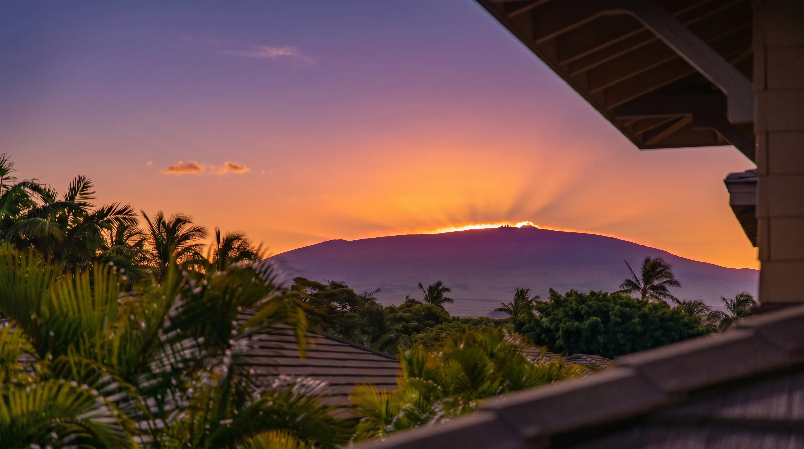 Sunrise cresting Mauna Kea seen through palms from the Plumeria Suite lanai