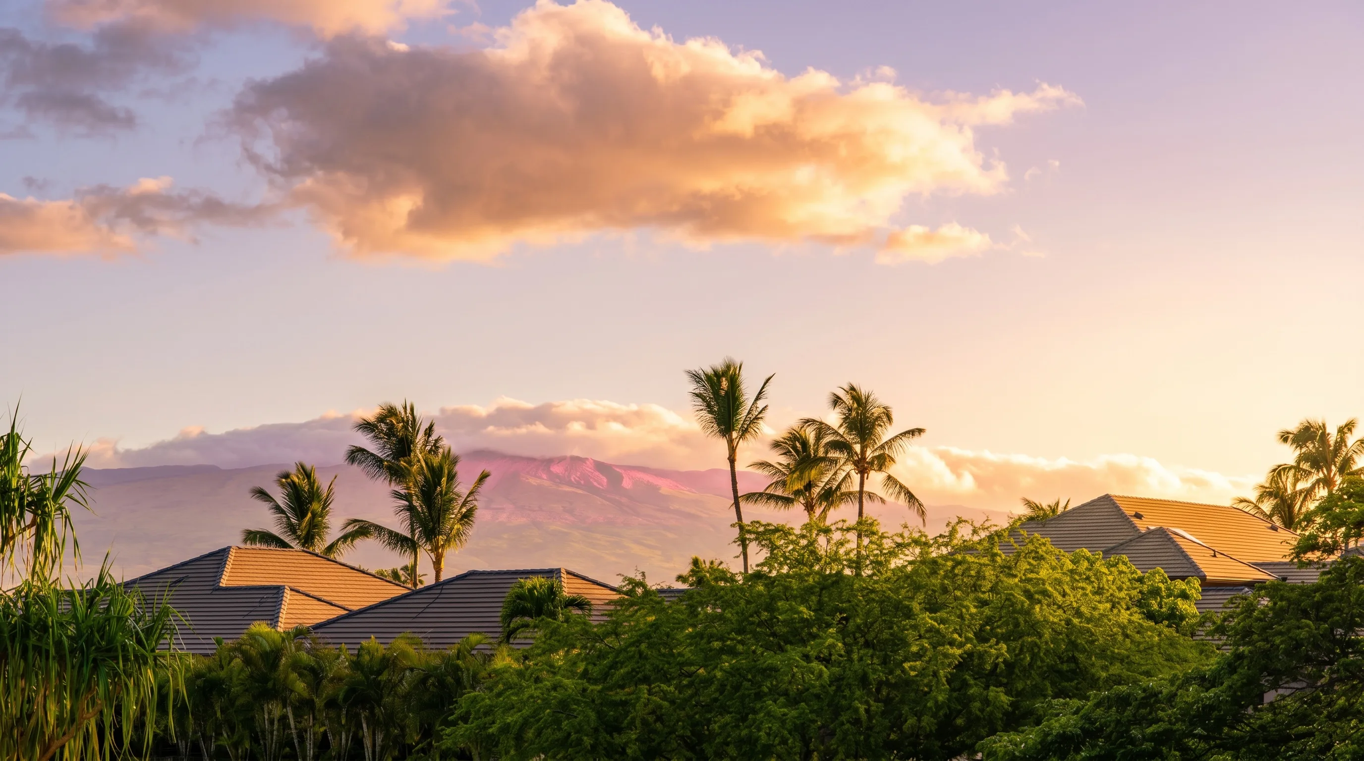 Sunset glowing over the Hali'i Kai rooftops and palm trees with Mauna Kea in the distance, near the Bird of Paradise Suite