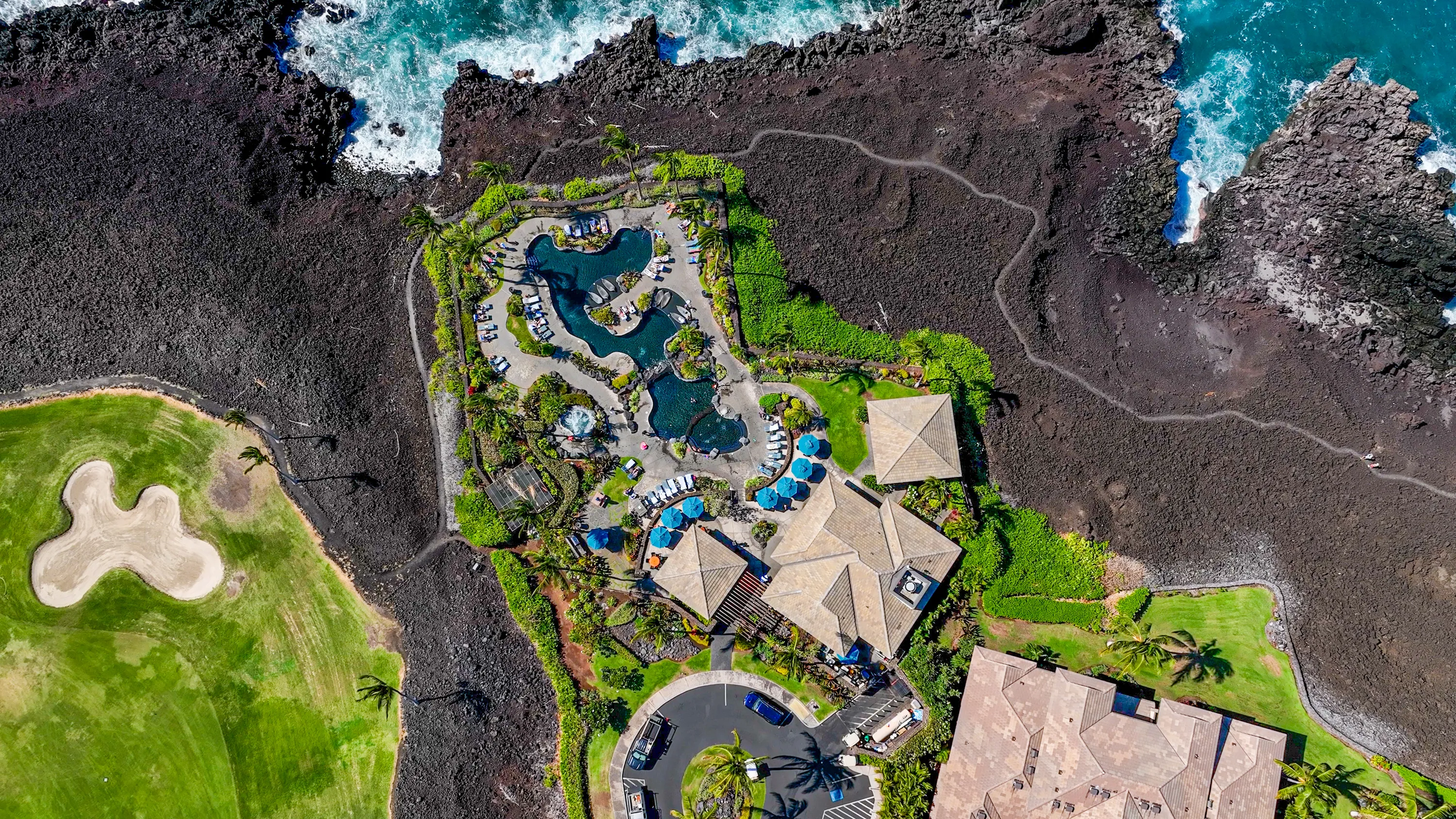 Aerial view of the Ocean Club on the Kohala Coast shoreline