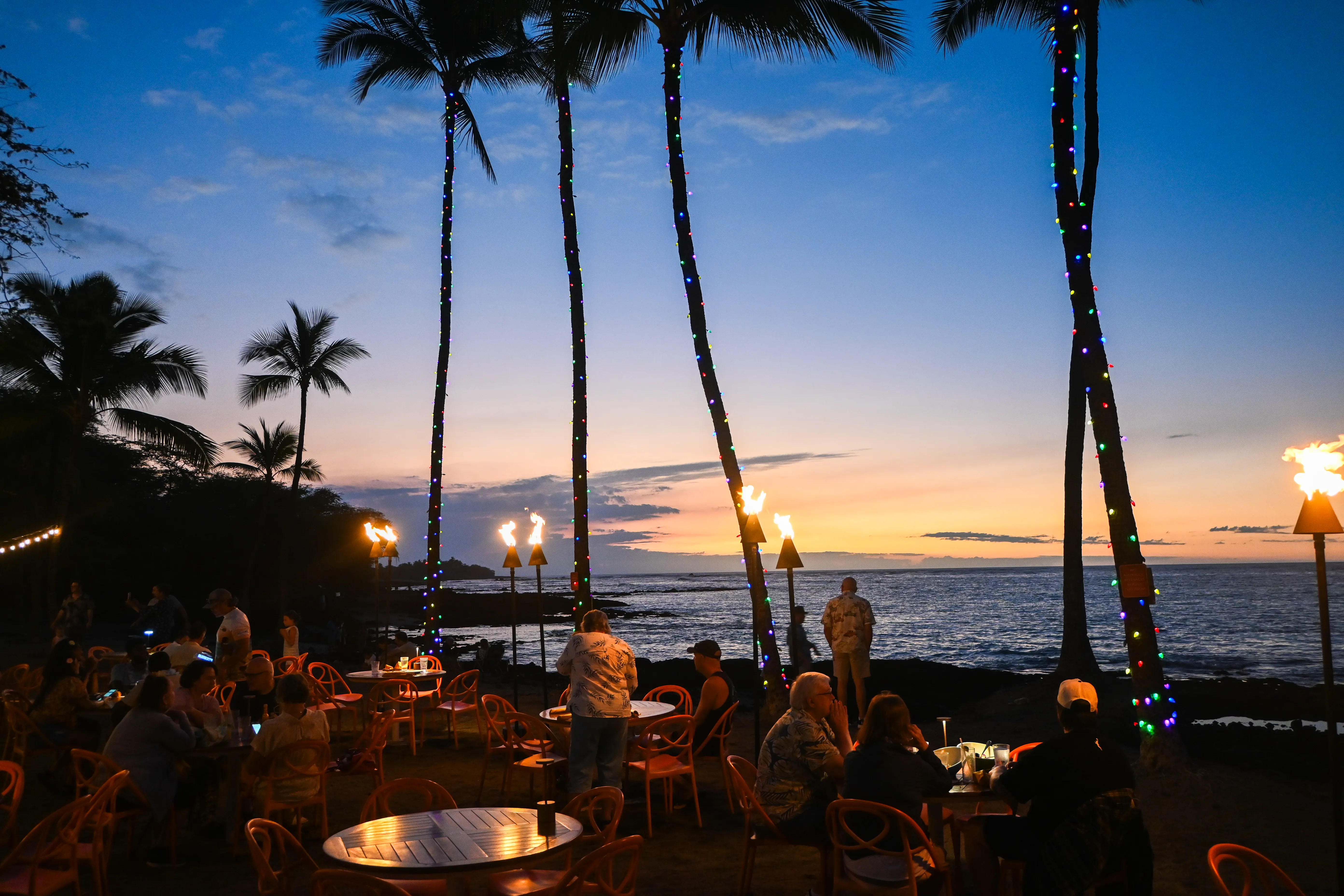Diners under palms and tiki torches at golden hour